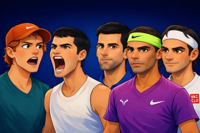  Cartoon illustration of the Big 5: Nadal, Djokovic, Federer, Alcaraz and Sinner. 