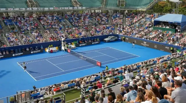 Aerial view of the Delray Beach Stadium court during a match at the Delray Beach Open ATP 250 tournament
