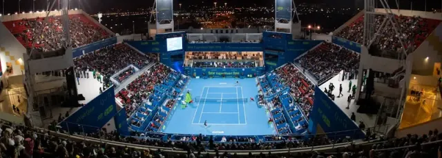 Aerial night view of the Khalifa International Tennis Complex in Doha, venue of the 2026 Qatar Open ATP 500